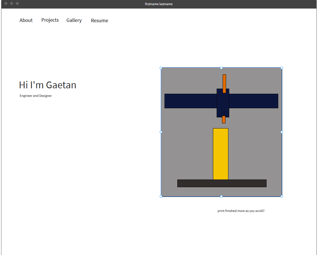 Image of the wireframe of my new website idea with a portion of a 3d printer visable